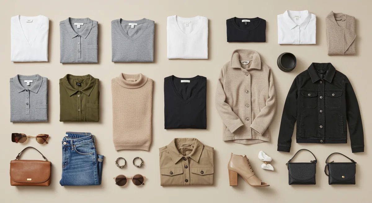 Flat lay of 15 essential clothing items for a capsule wardrobe.