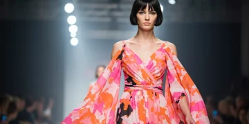 Model in abstract floral print dress, embodying 2025 fashion trends