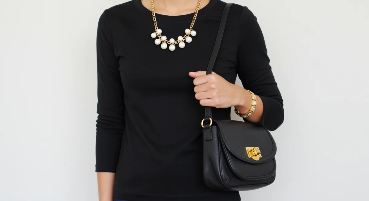 Accessorizing a simple outfit with statement jewelry and a handbag
