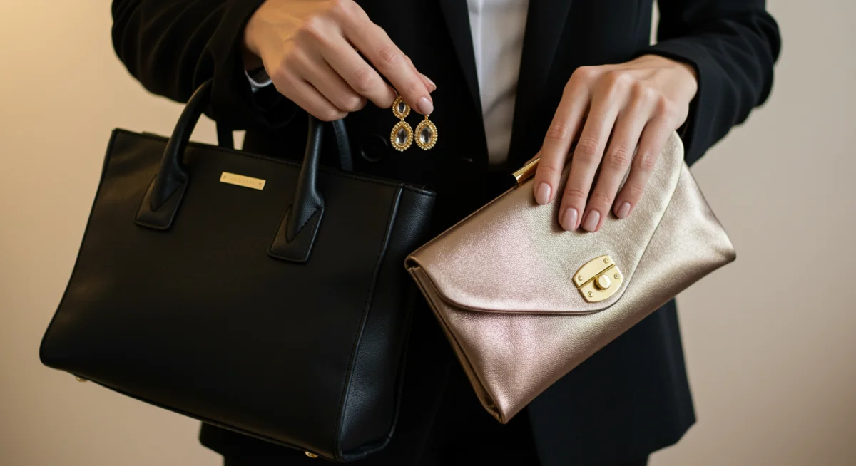 Close-up of hands swapping accessories for an evening look.
