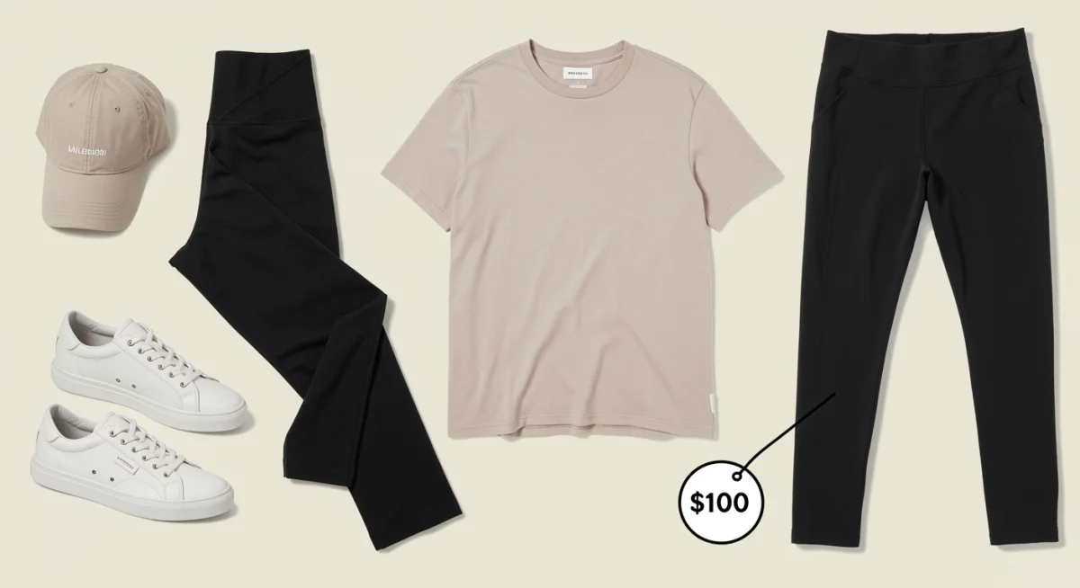 Affordable athleisure essentials flat lay, including leggings, t-shirt, cap, and sneakers.