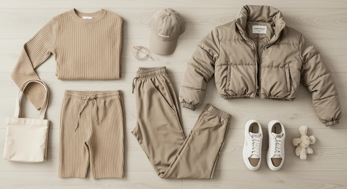 Athleisure capsule wardrobe flat lay with neutral tones
