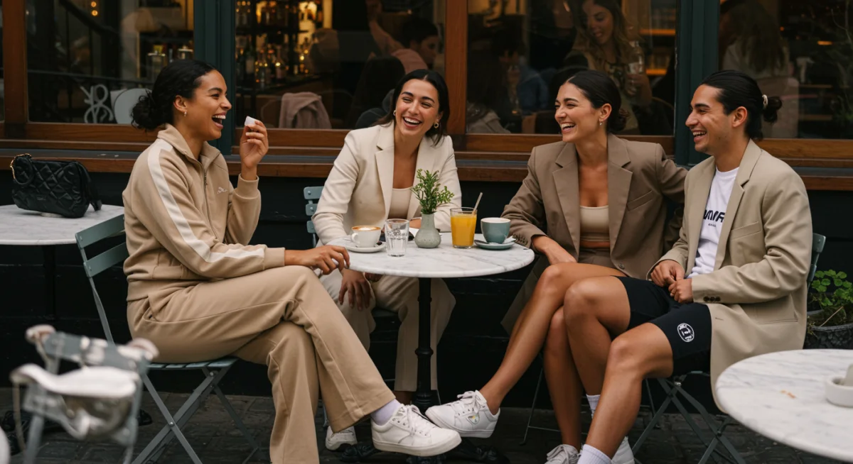 Friends in athleisure outfits enjoying brunch at outdoor cafe