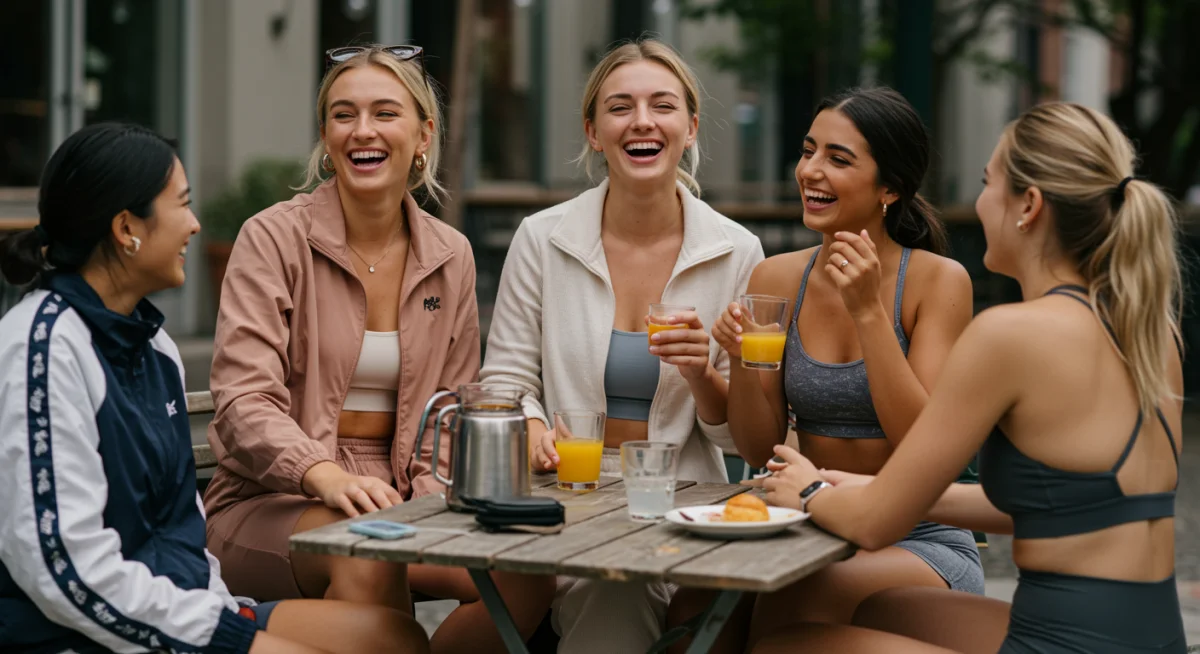 Friends in diverse athleisure outfits enjoying brunch, showcasing versatility.