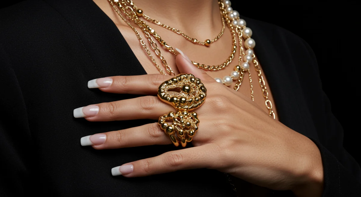 Celebrity hand with bold, sculptural statement jewelry