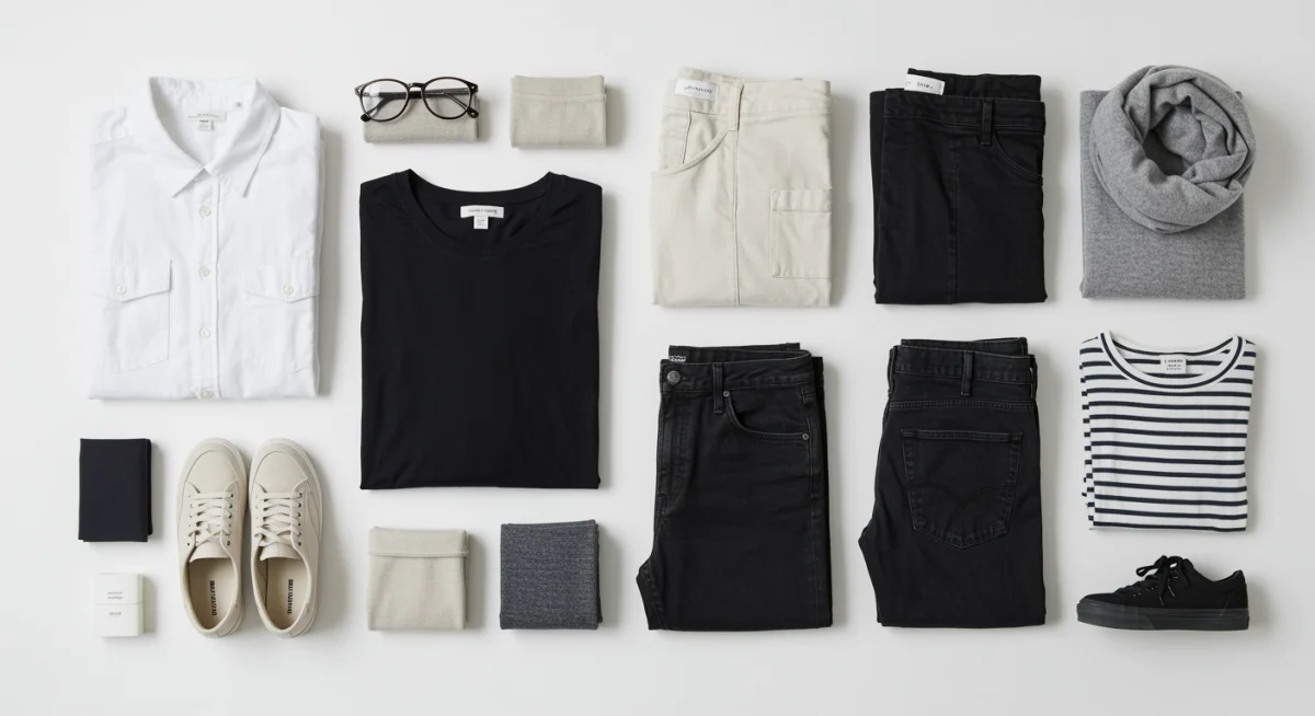 Capsule wardrobe flat lay for 5-day trip with versatile pieces