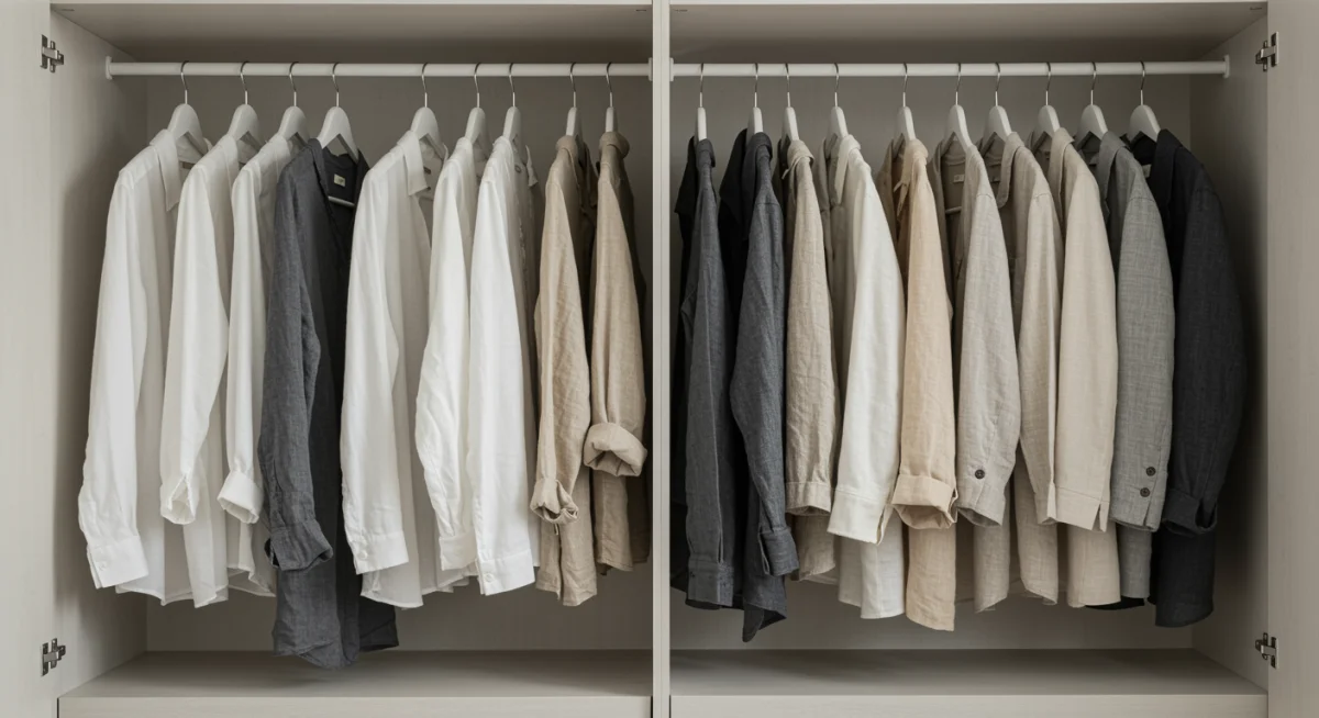 Organized capsule wardrobe displaying versatile, high-quality clothing for sustainable fashion.