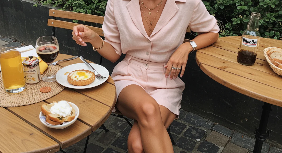 Woman in a pastel linen shorts set with layered gold necklaces at an outdoor brunch