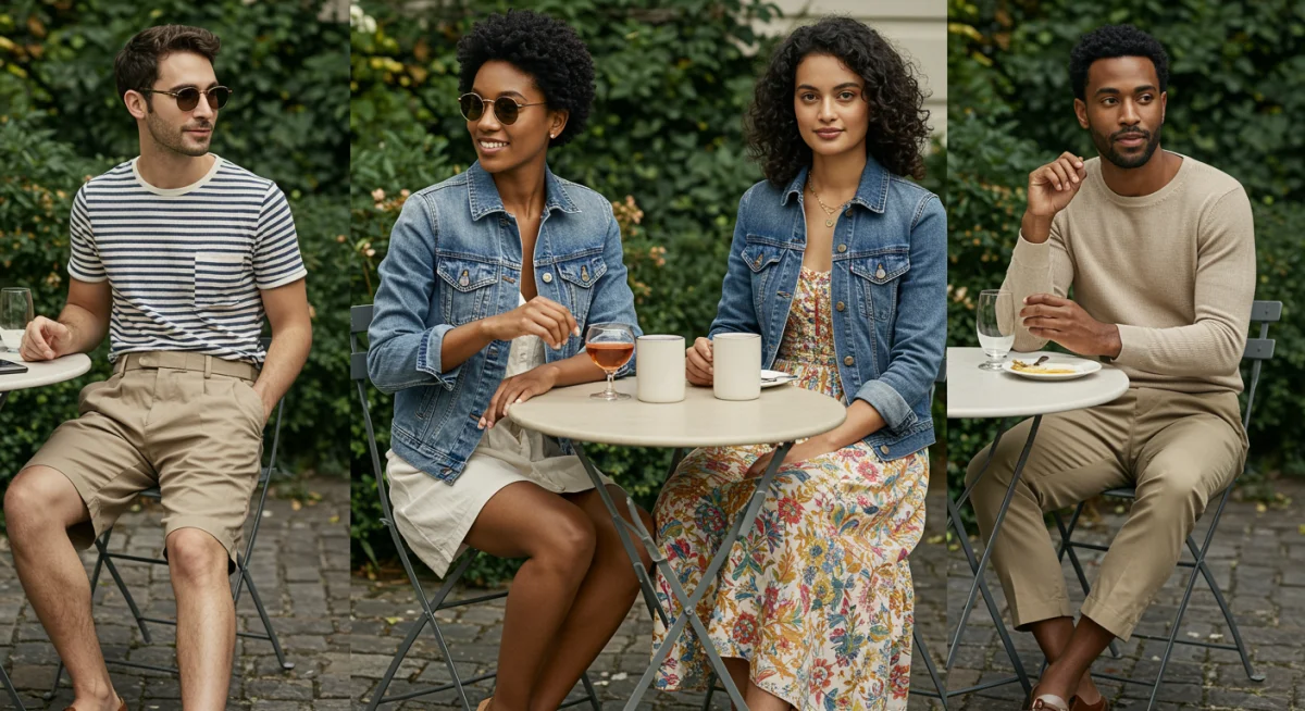 Friends enjoying brunch in diverse weekend chic outfits.
