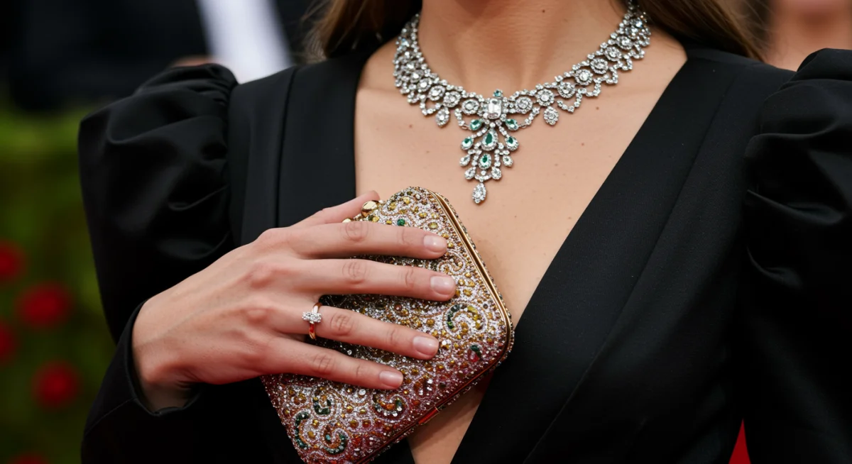 Intricate accessory complementing a celebrity's gala outfit