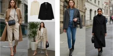 Stylish individuals demonstrating a celebrity-inspired 2025 capsule wardrobe with 10 versatile items.