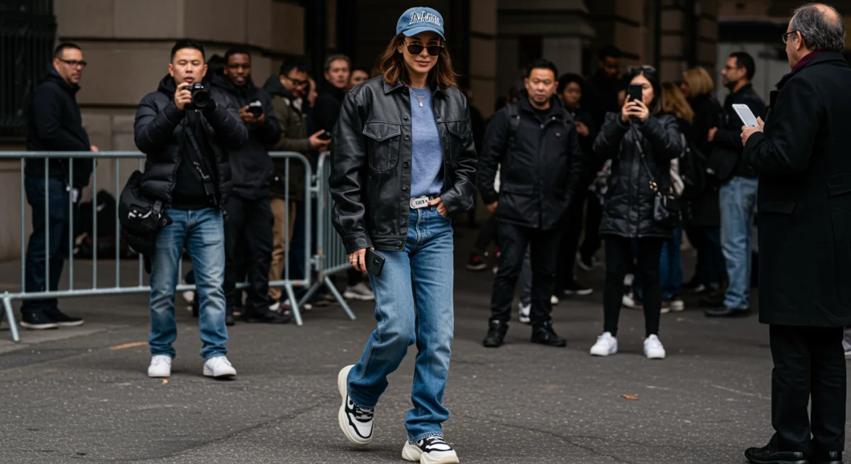 Celebrity in oversized stylish sneakers for street style