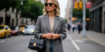 Woman in fashionable street style outfit with affordable accessories