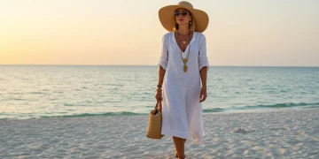 Celebrity in white linen dress on beach, embodying effortless vacation style.