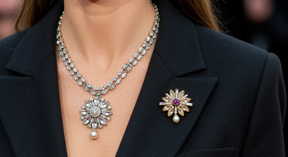 Close-up of celebrity wearing intricate vintage accessory with modern attire