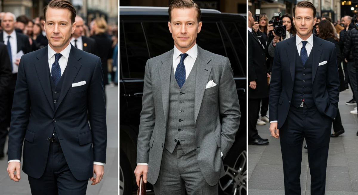 Celebrity in perfectly tailored vintage suit at fashion event