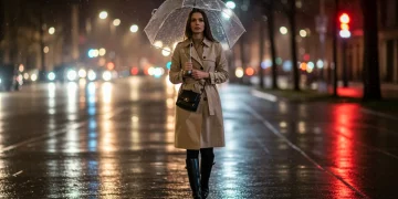 Stylish woman in waterproof trench coat and boots on a rainy city street