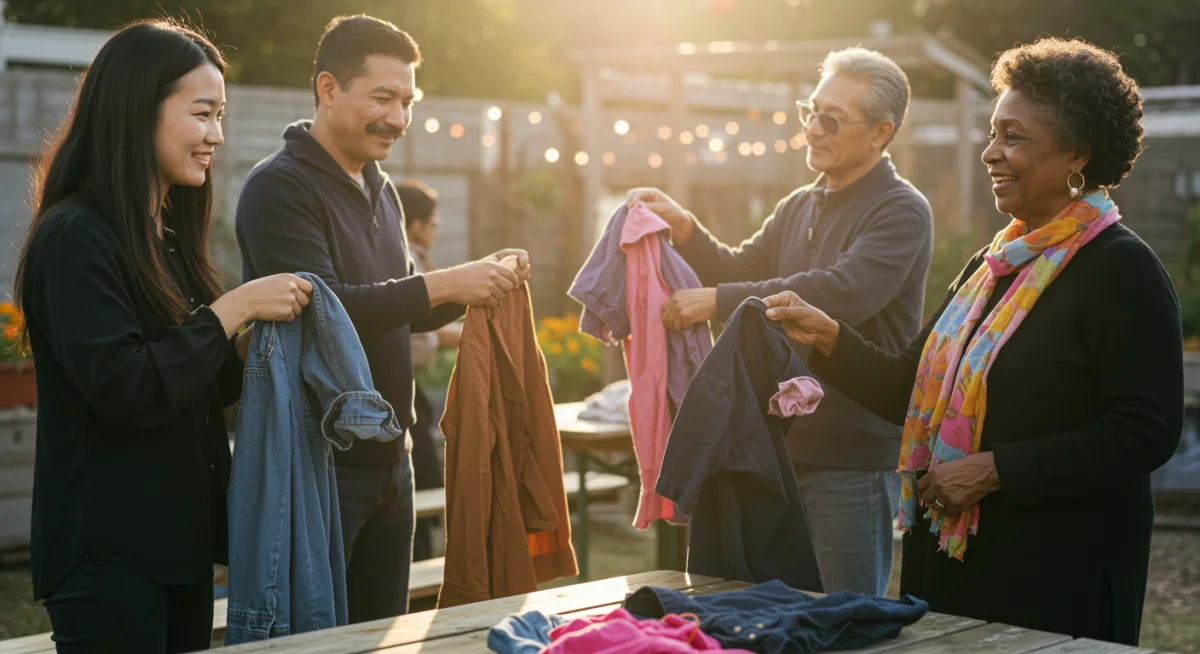 People engaging in a clothing swap, promoting circular fashion and community.
