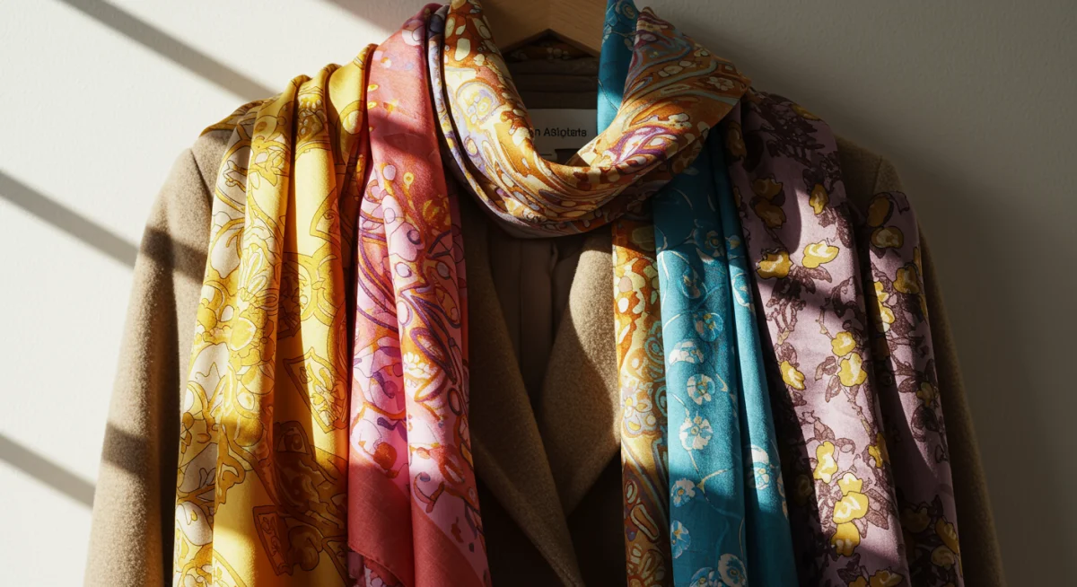 Colorful silk scarves draped on neutral coat