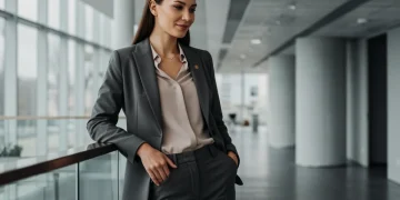 Confident woman in modern professional outfit in office setting