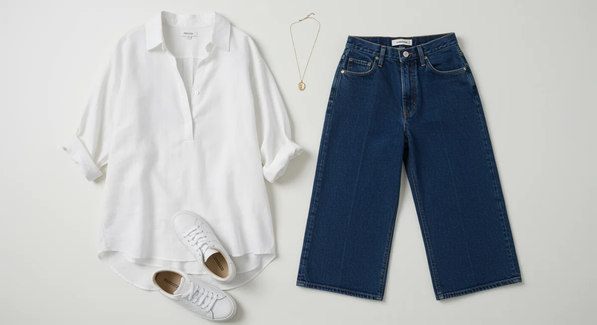 Flat lay of core wardrobe items: linen shirt, jeans, white sneakers.
