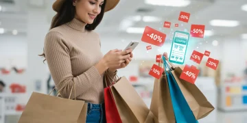 Woman using smartphone for couponing on clothes, with shopping bags and discount overlays.