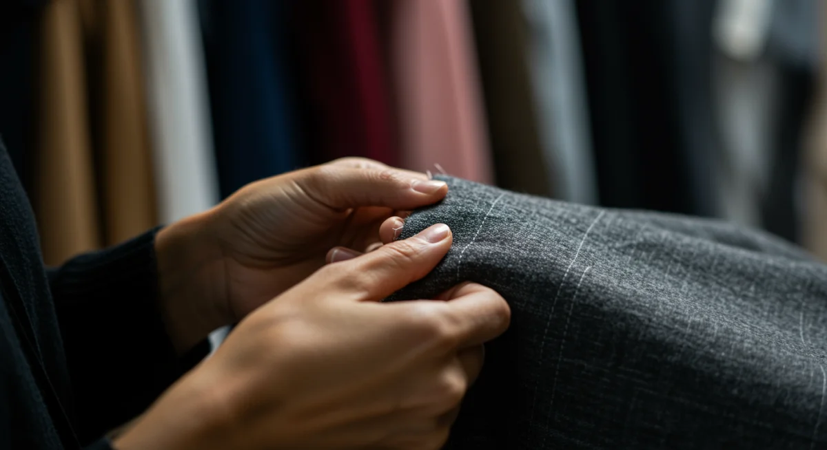 Detail of hands inspecting garment stitching and fabric for quality.