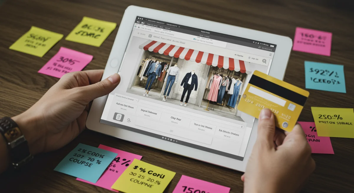 Hand with credit card and tablet with discount codes