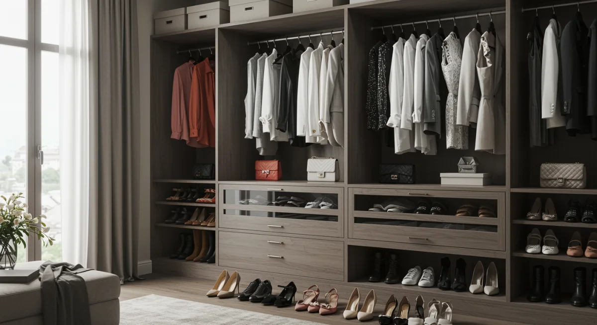 Organized wardrobe with various fashion items, shoes, and accessories