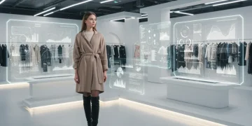 Woman analyzing data-driven fashion trends for 2025 in a modern showroom setting