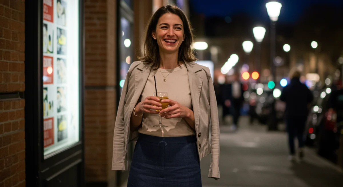 Woman in versatile day-to-night outfit enjoying an evening out
