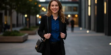 Woman seamlessly transitioning her outfit from day to night in a modern city.