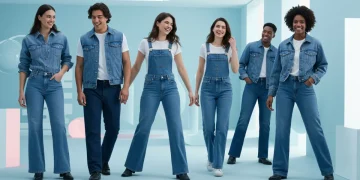 Diverse individuals showcasing various perfect jeans fits in a modern urban environment.