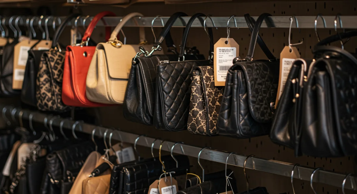 Organized display of designer handbags and shoes at a sample sale