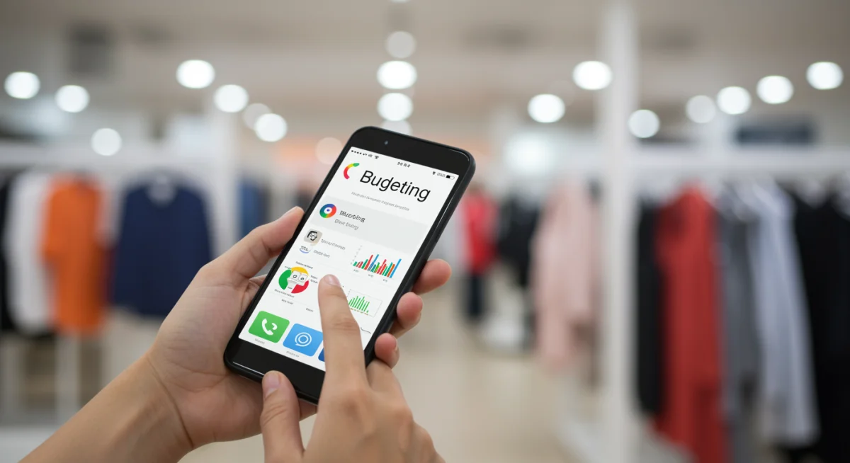 Hand interacting with a budgeting app on a smartphone, managing fashion expenses digitally.