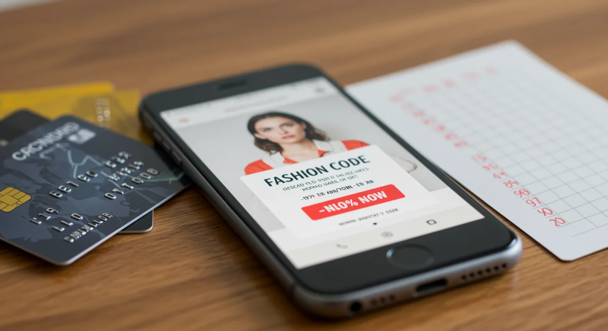 Smartphone displaying a discount code on a fashion app, surrounded by payment methods
