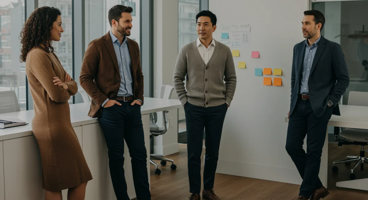 Diverse professionals in business casual attire collaborating in office