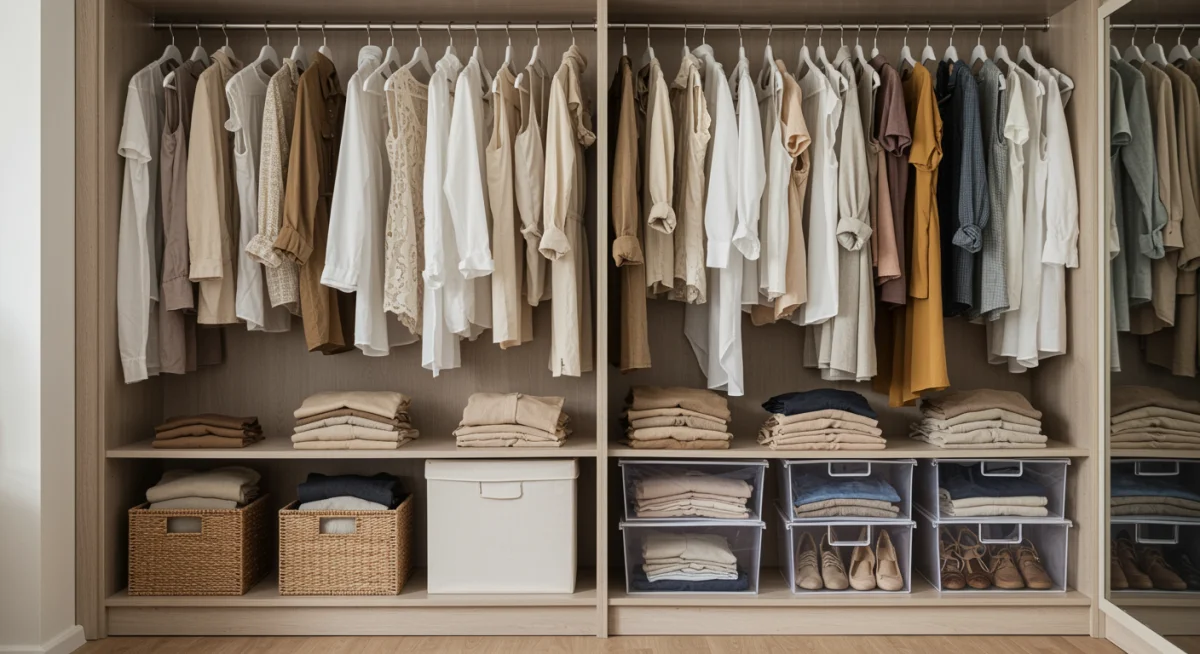 Organized capsule wardrobe with eco-friendly clothing items