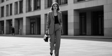 Woman in tailored monochromatic outfit, exuding effortless chic style in urban setting.