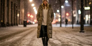 Elegant woman in long puffer coat, knit sweater, leather pants, and boots walking in snowy city.