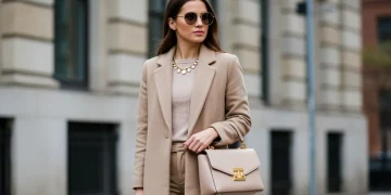 Woman elevating outfit with statement necklace and chic handbag