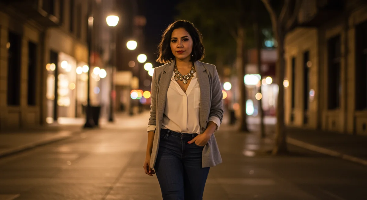 Woman confidently walking at night in an elevated evening outfit.