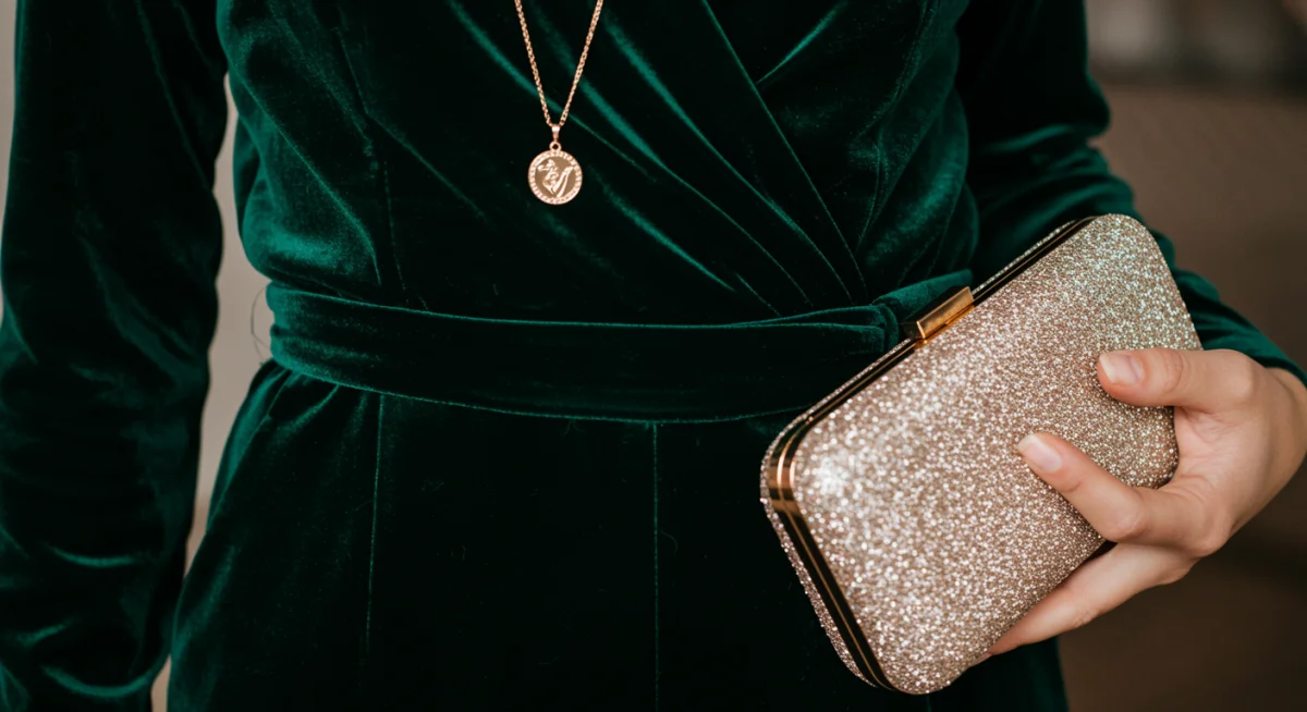 Emerald green velvet jumpsuit with gold accessories
