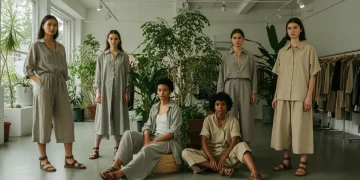 Models showcasing sustainable clothing in an eco-friendly showroom