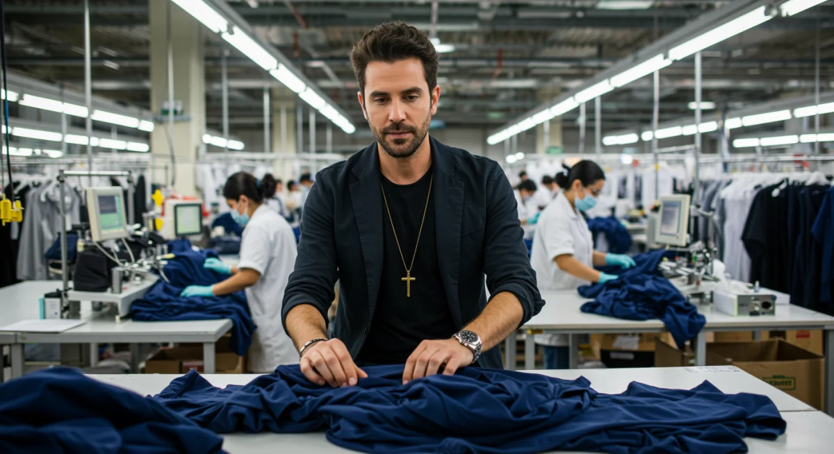 Celebrity designer inspecting eco-friendly clothing production in an ethical factory.