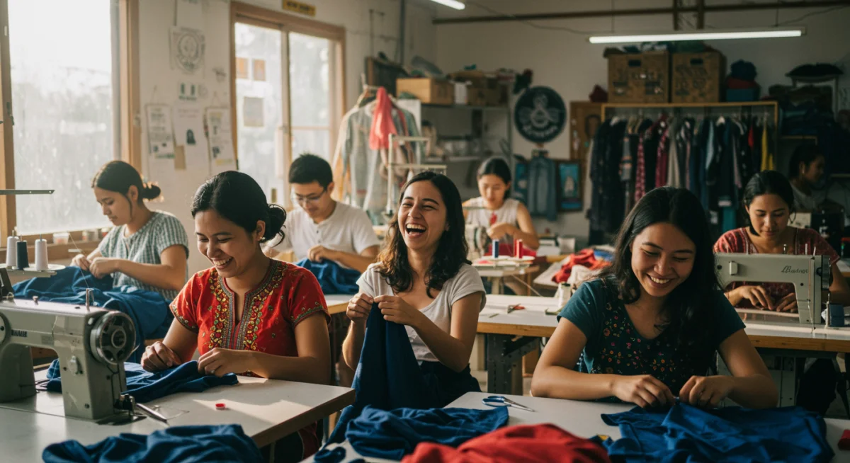 Artisans collaborating in a fair-trade workshop, creating ethical garments