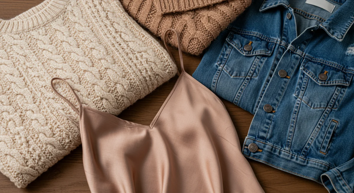 Close-up of fall 2025 layering fabric textures