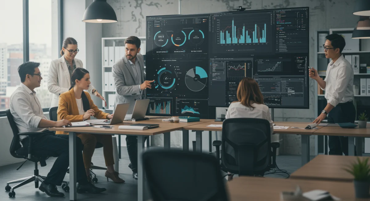 Fashion analysts reviewing consumer data and trend prediction algorithms