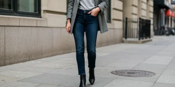 Woman in classic blazer, jeans, and boots, representing timeless fashion investment.