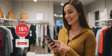 Woman using loyalty app to save 15% on fashion purchases in 2025